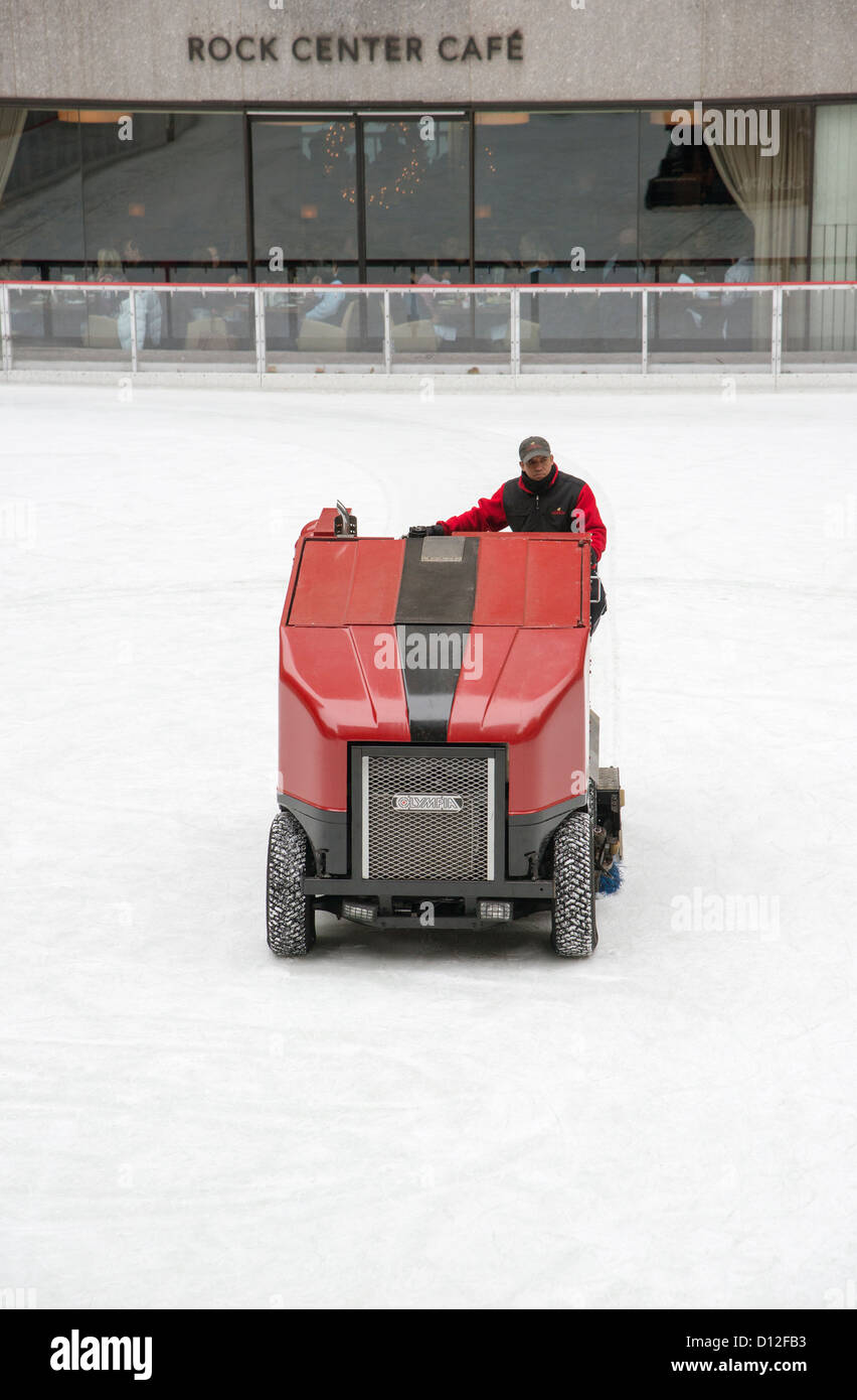 Ice resurfacing machine working on the ice rink at Rockefeller Center