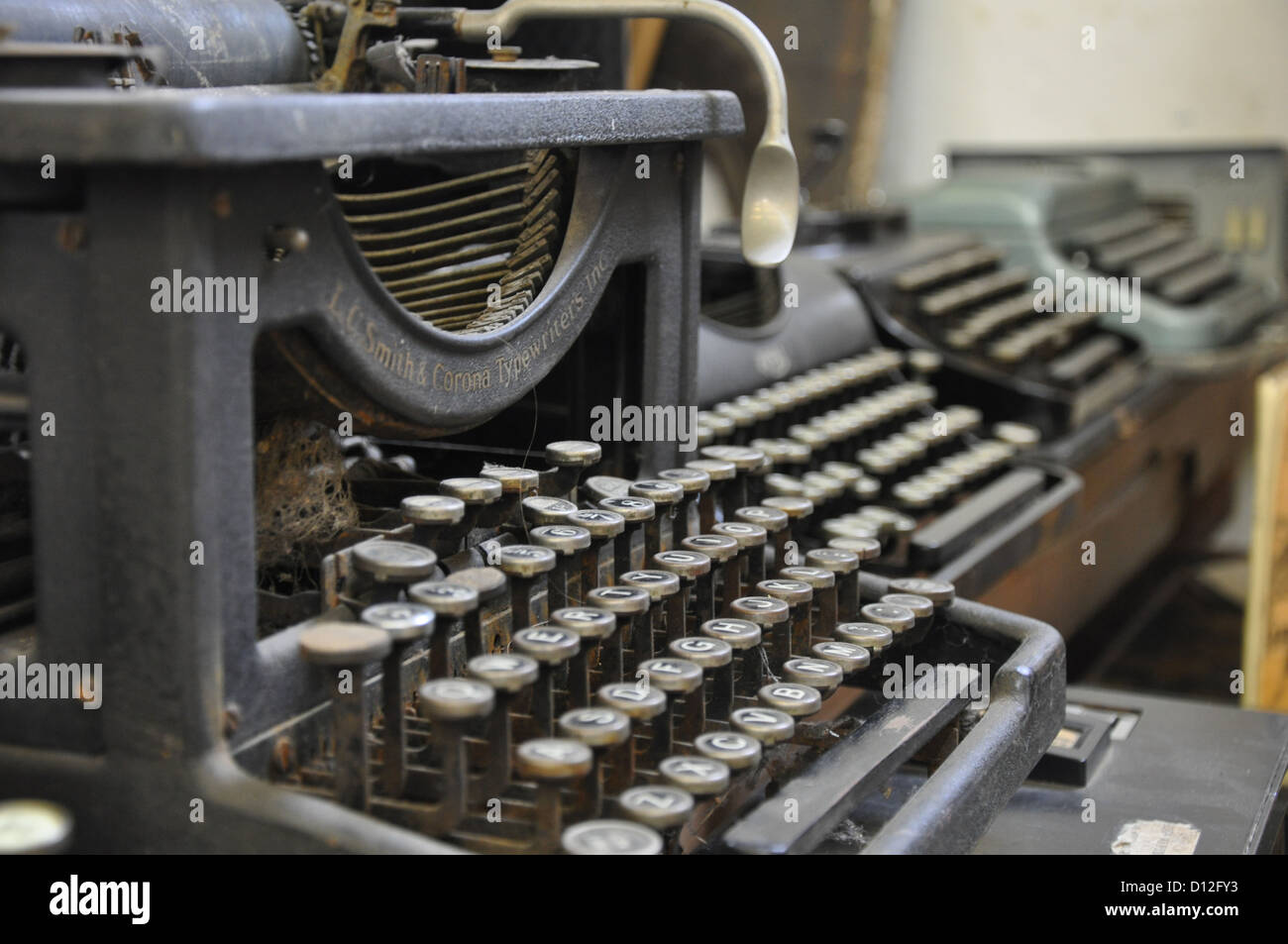 Row of vintage typewriters Stock Photo