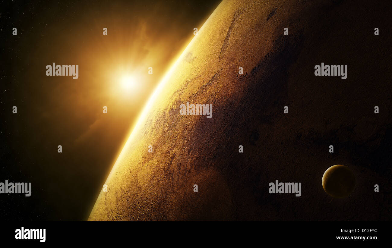 Planet Mars close-up with sunrise in space (Elements of this image furnished by NASA- texture map http://visibleearth.nasa.gov) Stock Photo