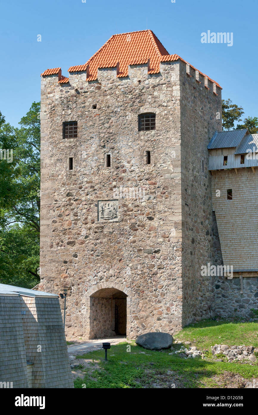 Sigulda Medieval Castle tower reconstructed. Latvia. Stock Photo