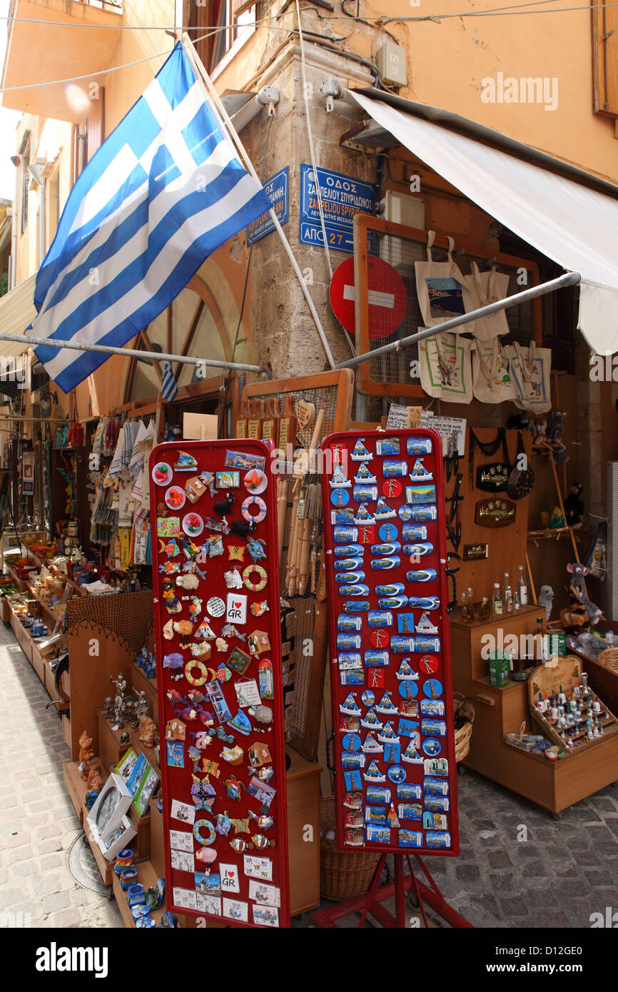 A souvenir stall in the Old Town of Chania on Crete, Greece. Stock Photo