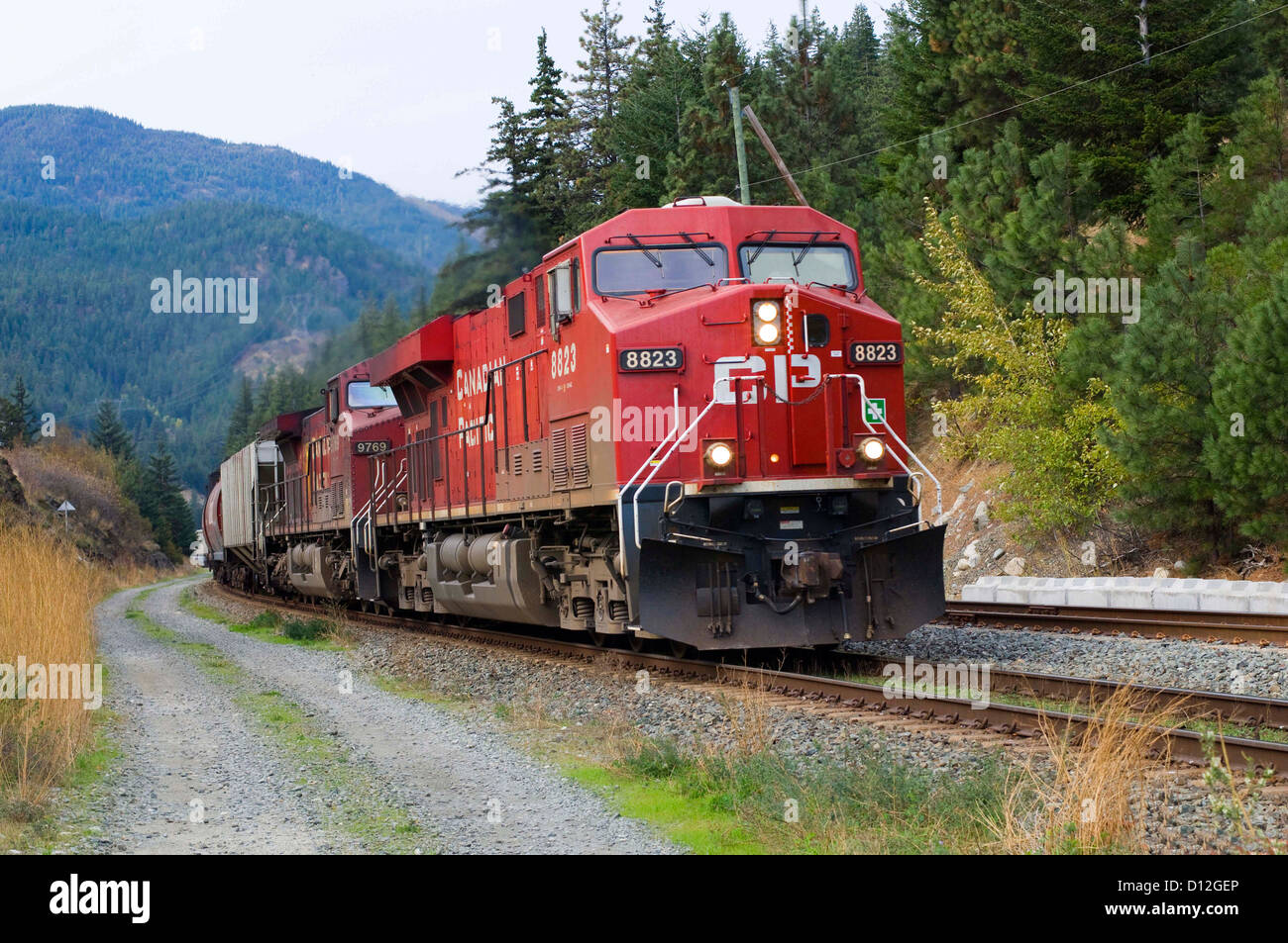 CP freight train in the Fraser Canyon, BC. Canada Stock Photo