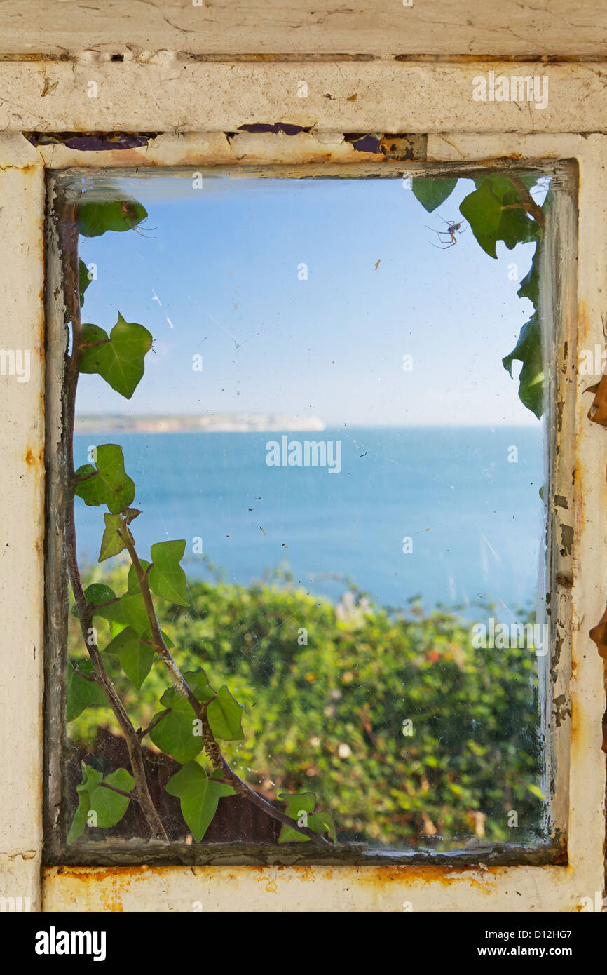 View of the sea through an old rusty ivy covered window Stock Photo