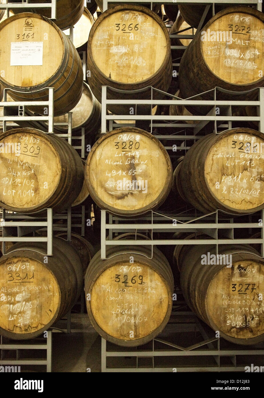 Various whisky casks in the warehouse at the Warengham distillery in