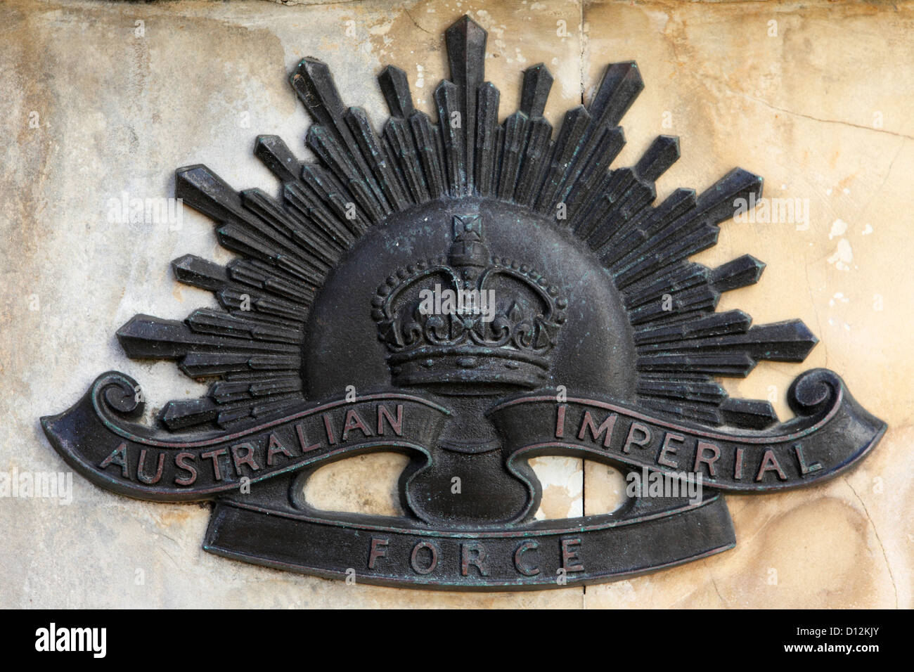 Insignia of the Australian Imperial Force at the Greek-Australian War Memorial at Rethymnon on Crete, Greece. Stock Photo