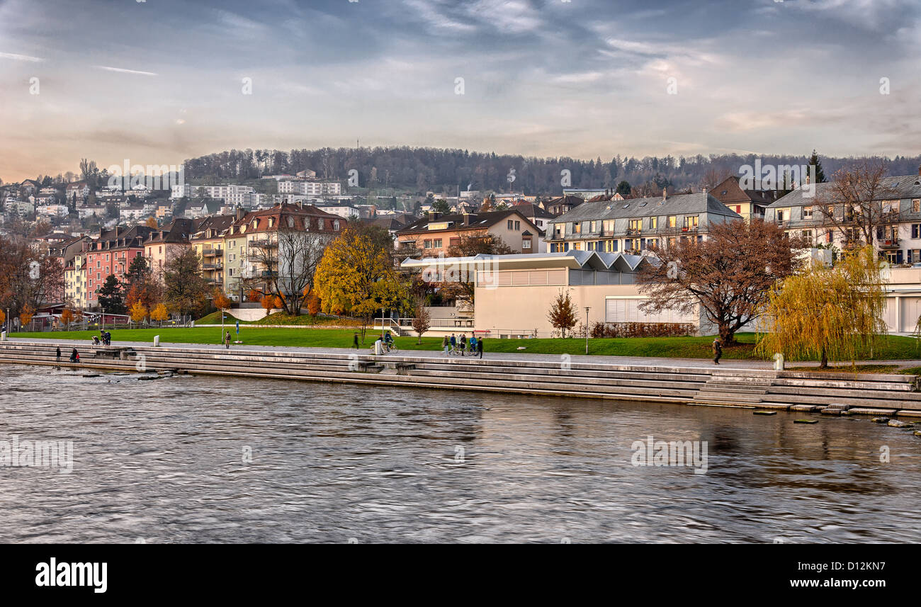 Zurich river banks in 'watercolor painting' style Stock Photo