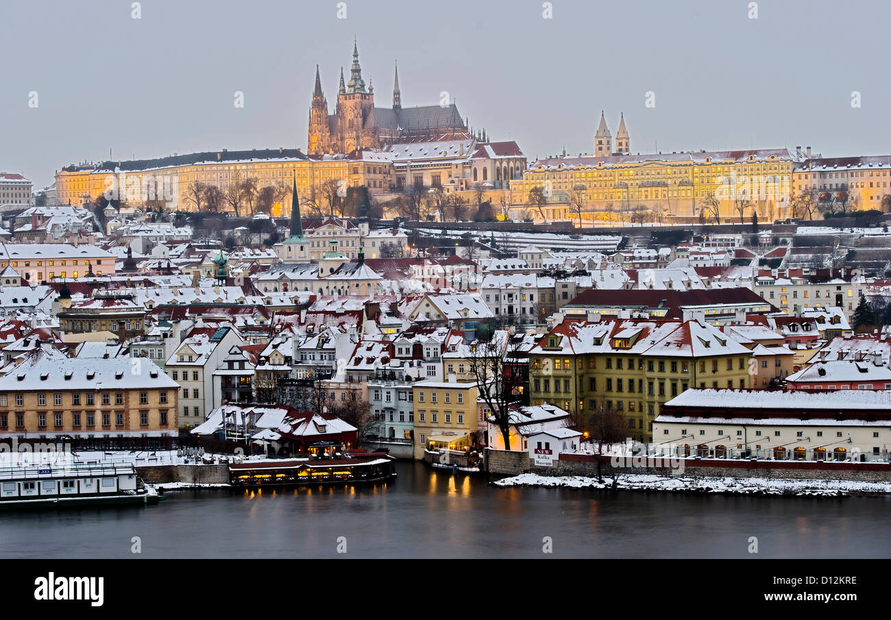 Prague at night with Prague Castle and St. Vitus Cathedral in background, Prague, Czech Republic. Stock Photo