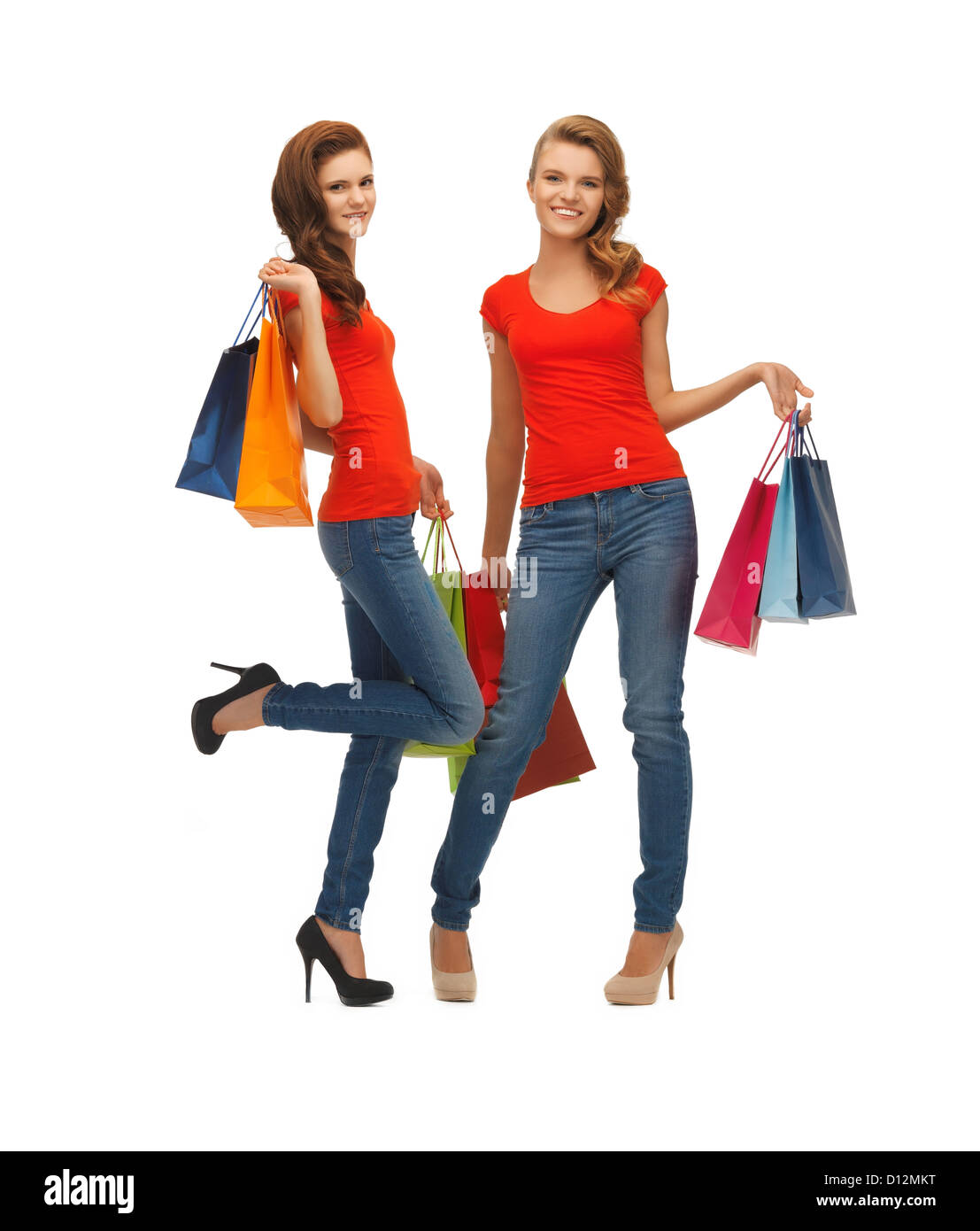 two teenage girls with shopping bags Stock Photo