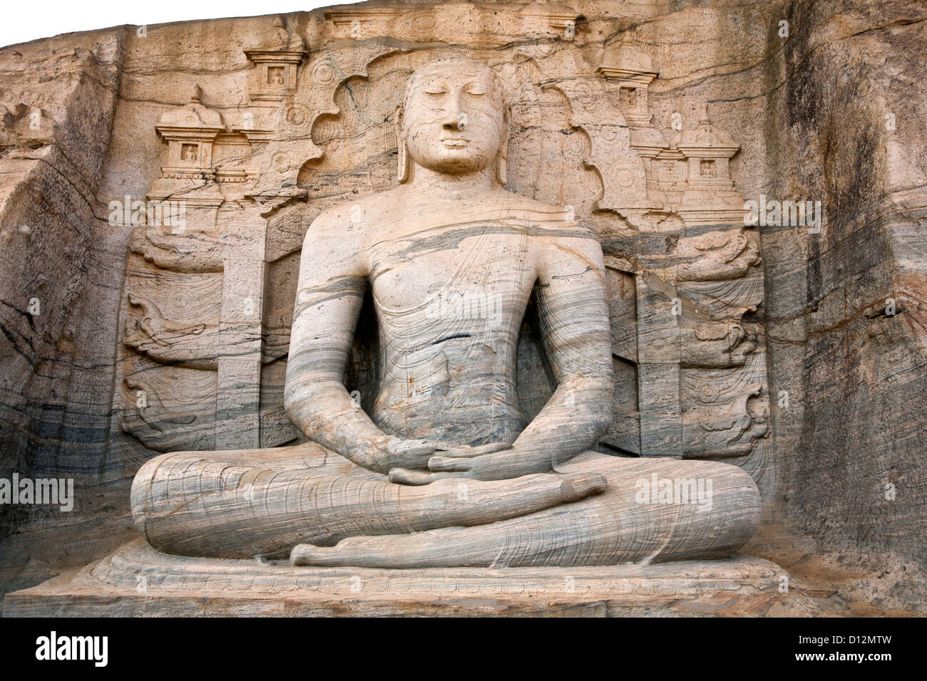 Seated Buddha carved in the rock. Gal Vihara. Polonnaruwa ancient city. Sri Lanka Stock Photo