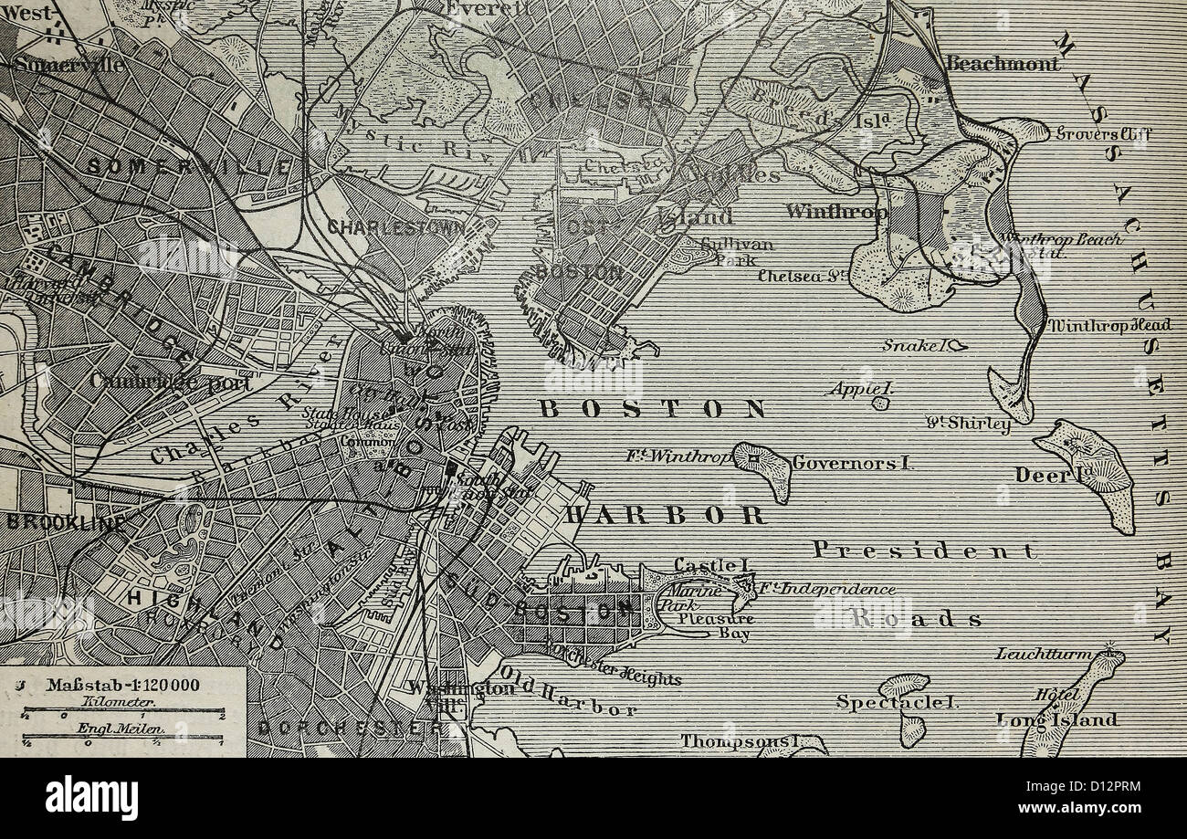 Vintage Old map of Boston harbor at the end of 19th century Stock Photo