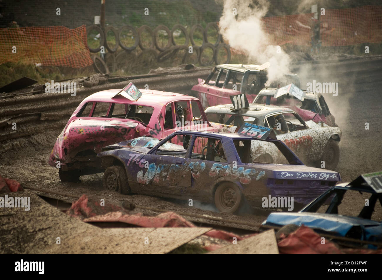 banger racing crash crashing car cars stock race races demolition derby derbies destruction smashed up being smash smashing up t Stock Photo