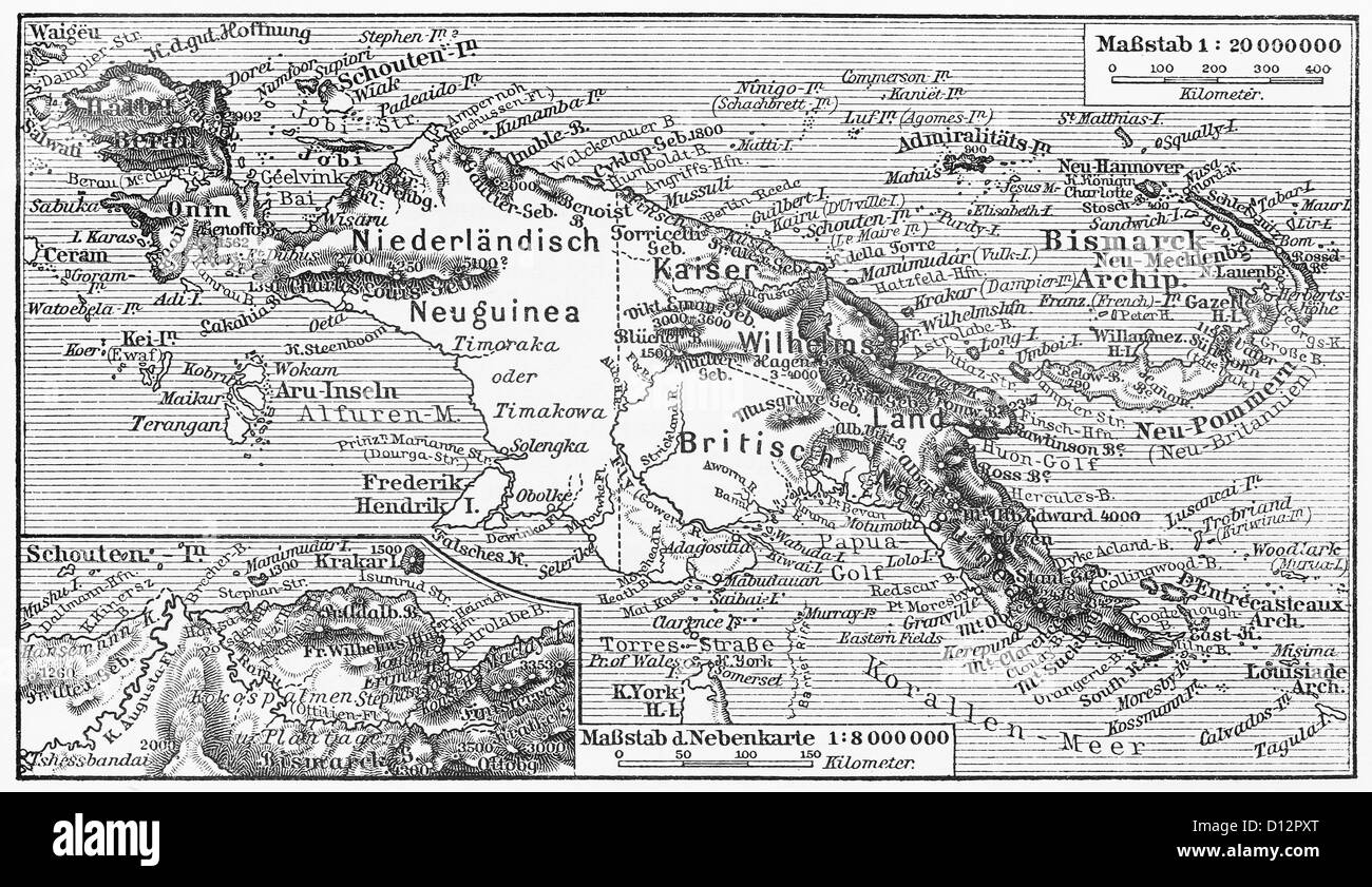 Vintage map of New Guinea from the end of 19th century Stock Photo
