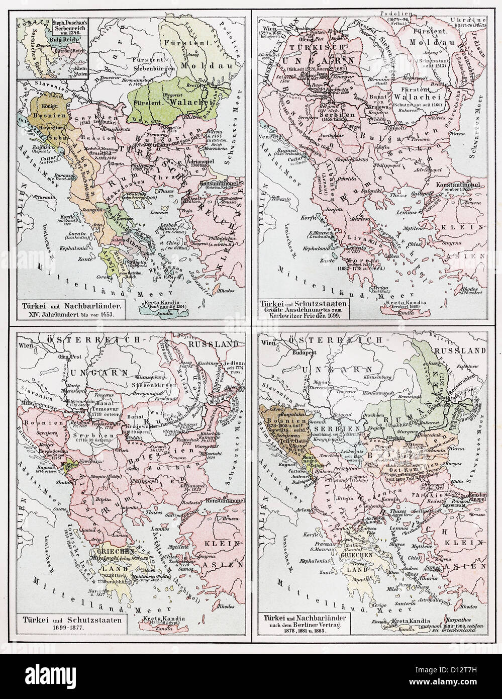 Vintage map representing the Turkish Empire European territories between 1453 and 1885 Stock Photo
