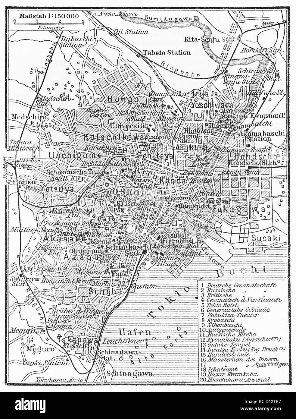 Vintage map of Tokyo at the end of 19th century Stock Photo
