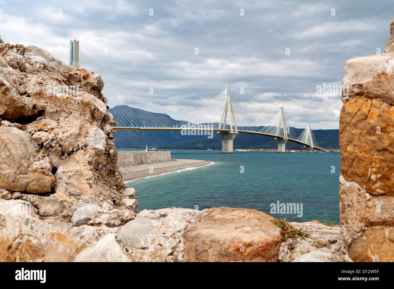 Patras bridge at Greece, view from the castle of Rio Stock Photo