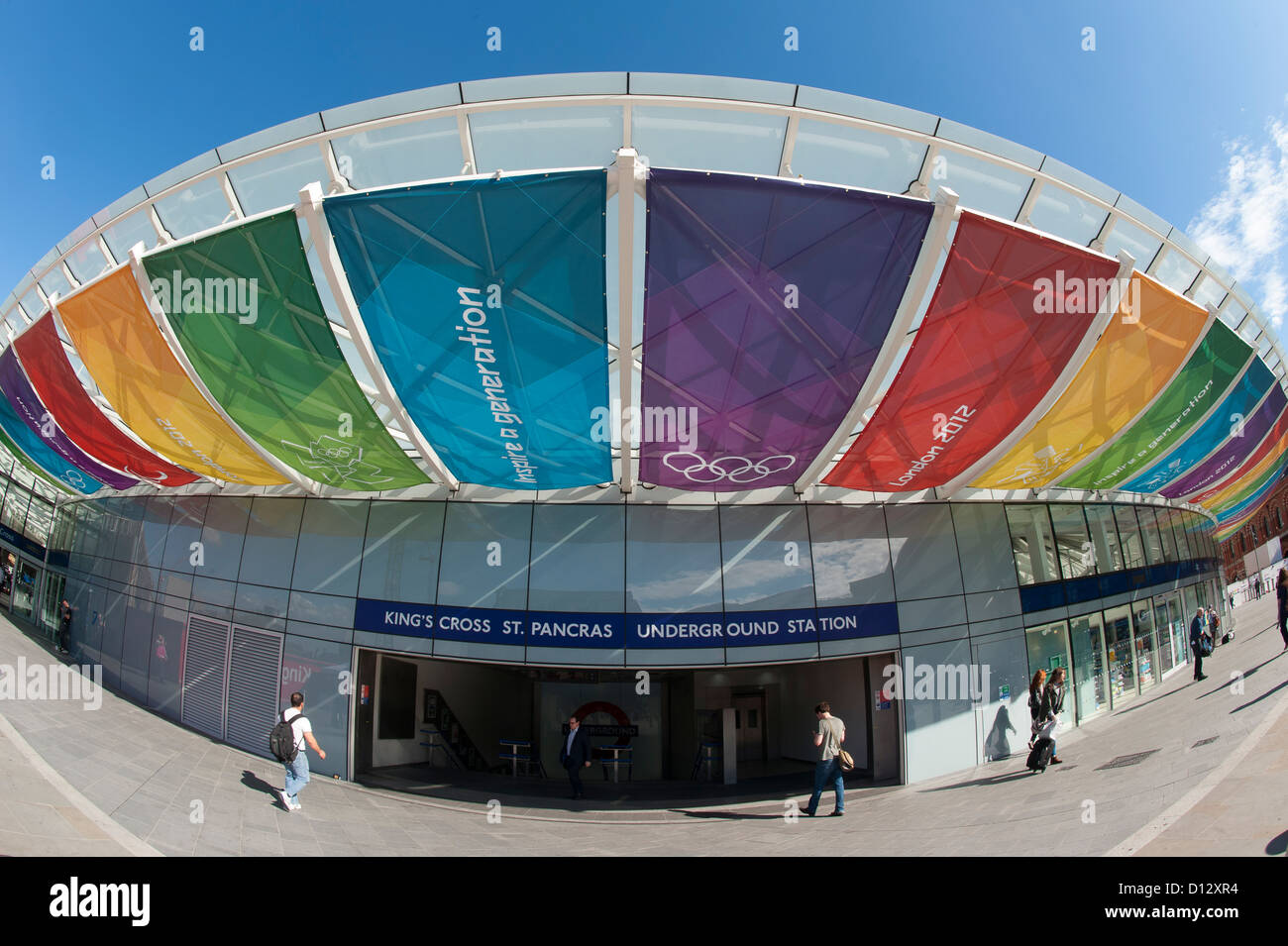 Colourful banners on display outside the entrance to the Kings Cross during the London 2012 Olympics. Stock Photo