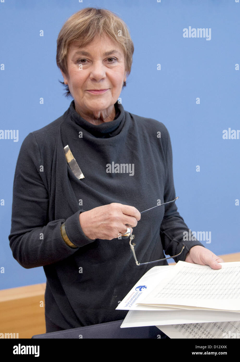 Edda Mueller, Chairwoman of Transparency International Germany, presents the 2012 Corruption Perception Index (CPI) in Berlin, Germany, 05 December 2012. The 2012 CPI ranked 176 countries by their perceived levels of corruption. Germany took rank 13 with 79 of 100 points compared to Greece, which was ranked on 94 with 36 of 100 points. Photo: JOERG CARSTENSEN Stock Photo