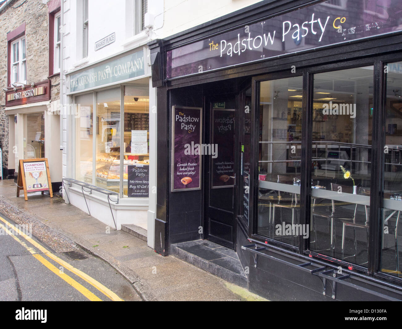 A row of three Cornish Pasty shops in Padstow, Cornwall, UK Stock Photo