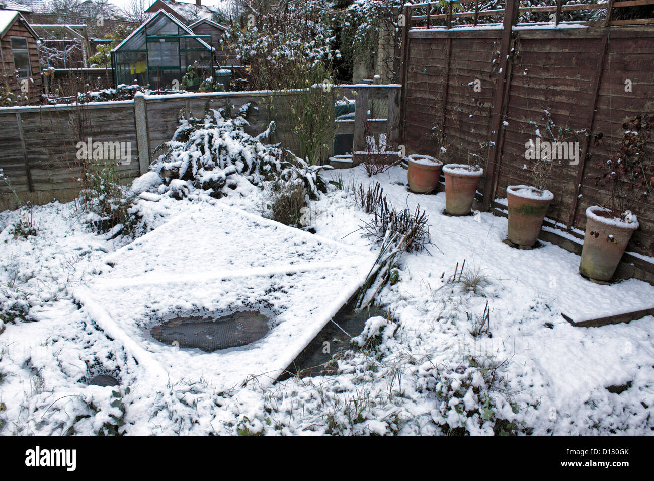 FROZEN GARDEN FISHPOND. UK. Stock Photo