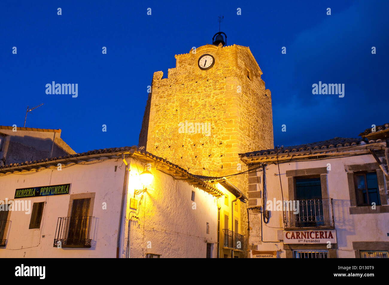Clock tower, night view. Buitrago del Lozoya, Madrid province, Spain