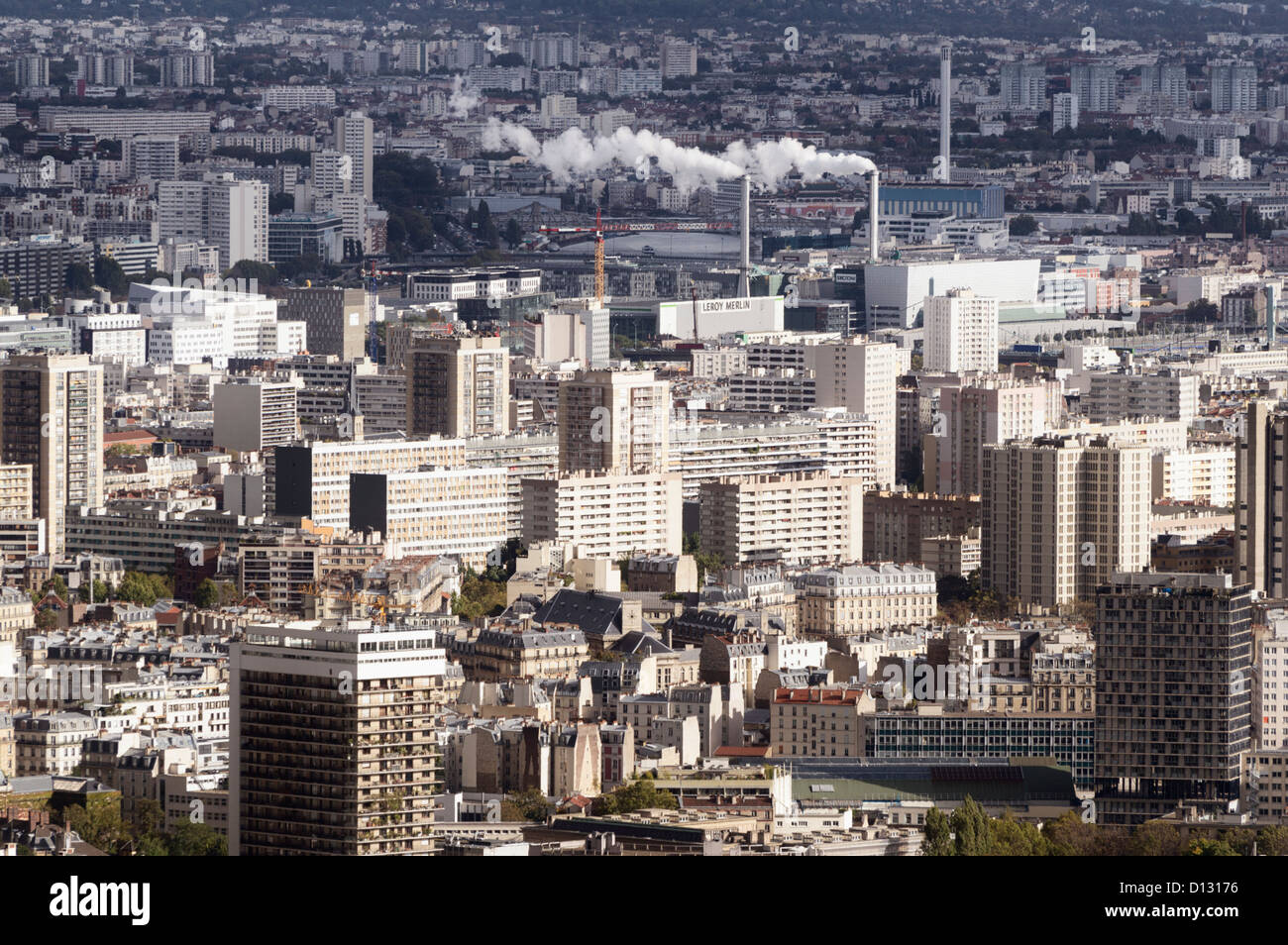 Paris - towards the 13th Arrondissement - high rise brutalist residential architecture - incinerator chimney in the distance Stock Photo