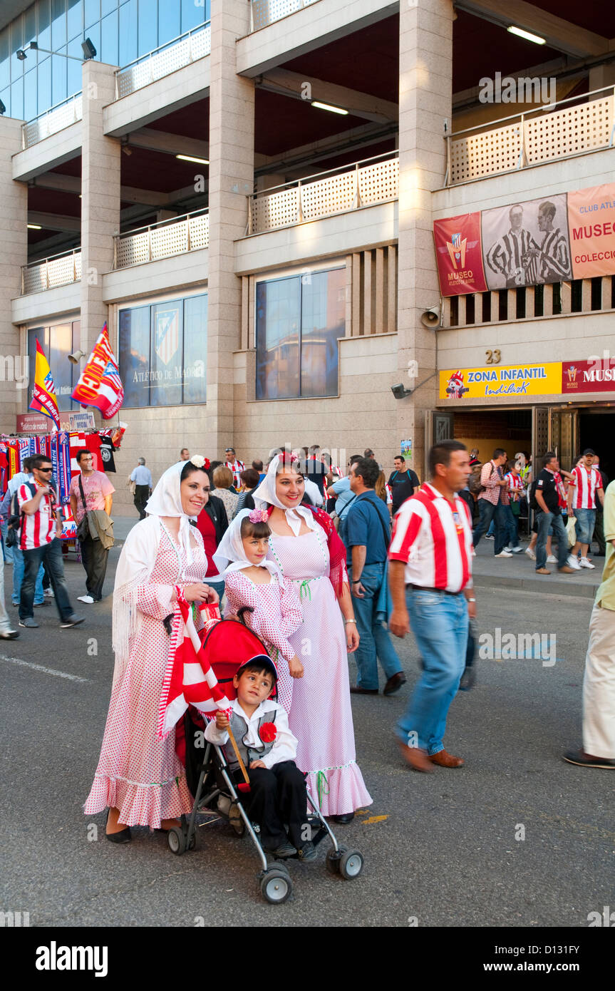 Familiy wearing typical dress of Madrid. Vicente Calderon stadium, Madrid, Spain. Stock Photo