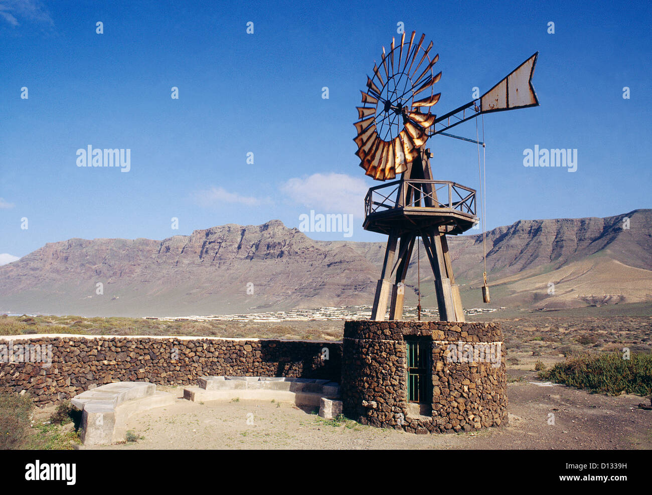 Windmill. Famara, Lanzarote island, Canary Islands, Spain. Stock Photo