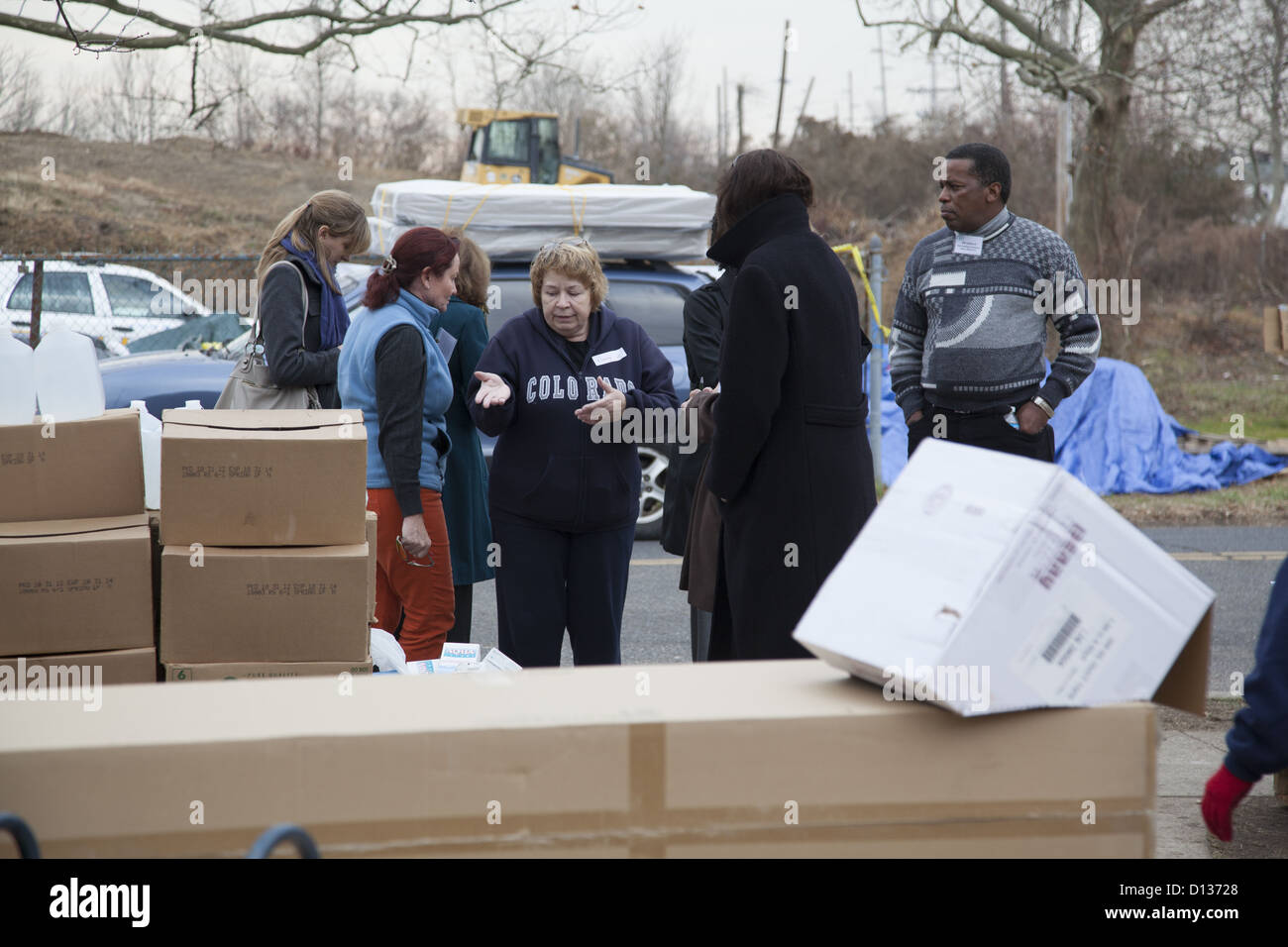 Hurricane Sandy Relief Center along the Jersey Shore in Monmouth County, New Jersey. volunteers with NGO relief representatives Stock Photo