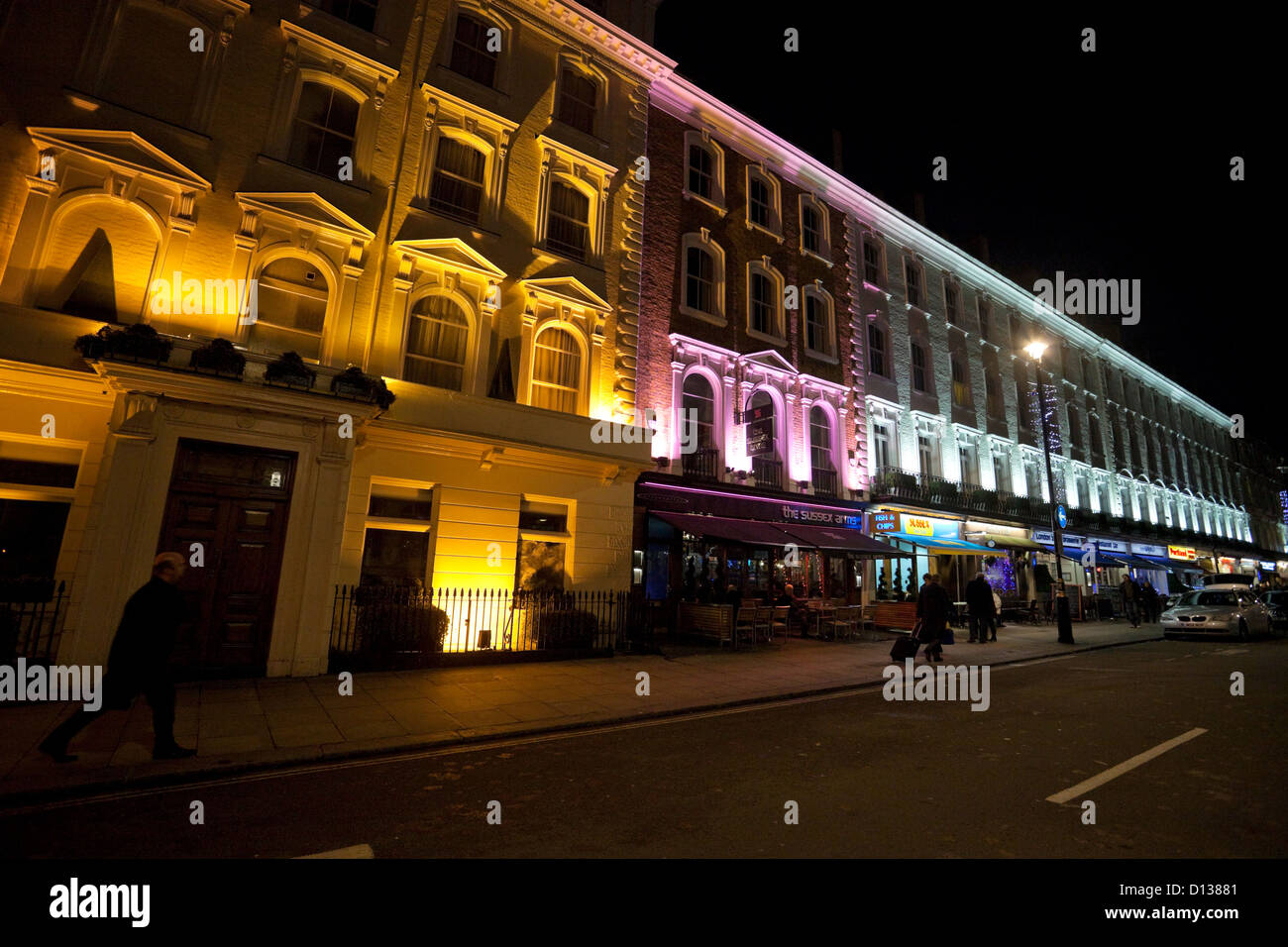 Night street scene on London Street, Paddington, London, England, UK Stock Photo