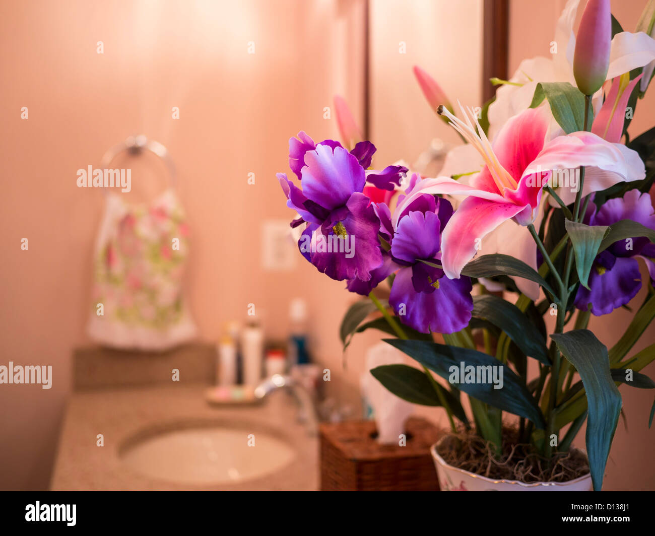 USA Interior of bathroom with artificial flowers Stock Photo Alamy