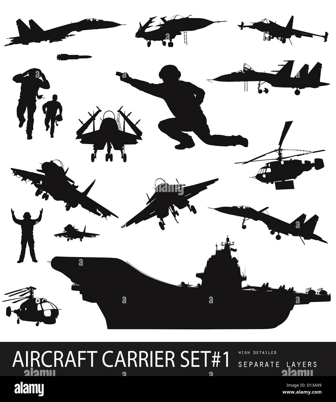 Aircraft carrier high detailed silhouettes set. Vector Stock Photo