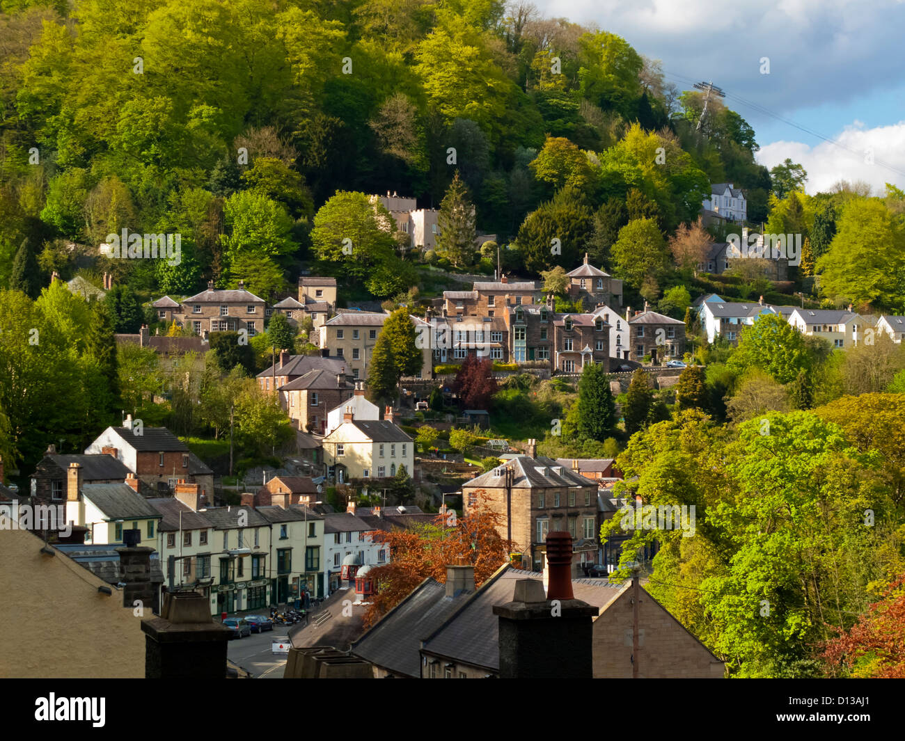 Houses on a hillside in the village of Matlock Bath in the Peak District Derbyshire England UK a