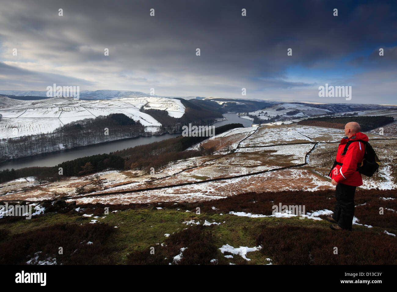 Adult male walker overlooking Ladybower reservoir, Wintertime, Upper Derwent Valley, Peak District National Park, Derbyshire Stock Photo