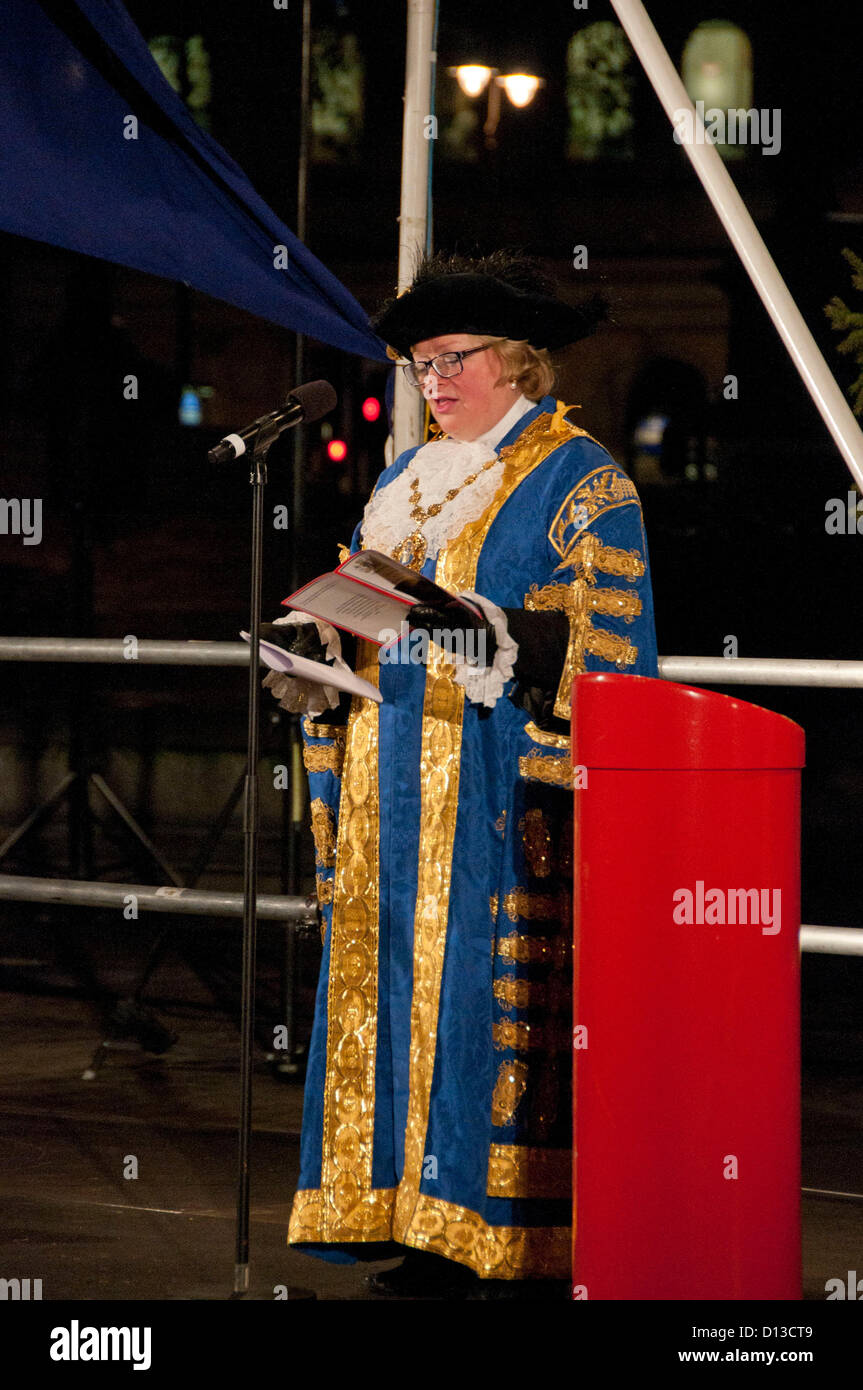 London, UK. 06/12/12. The Lord Mayor of Westminster, Cllr Angela Harvey, attends the Lighting-up Ceremony of the Oslo Christmas Tree in Trafalgar Square. Stock Photo