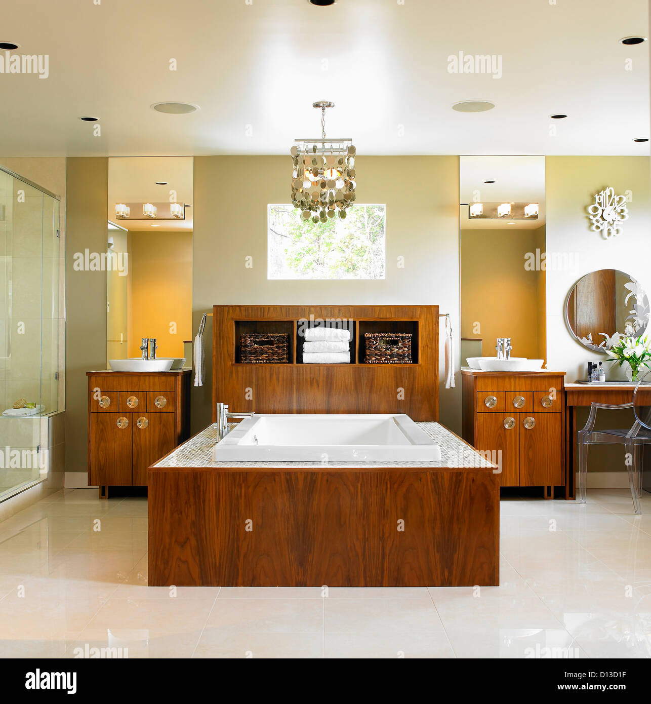 Neutral Modern Bathroom Featuring Bathtub With Wood Surround; Victoria