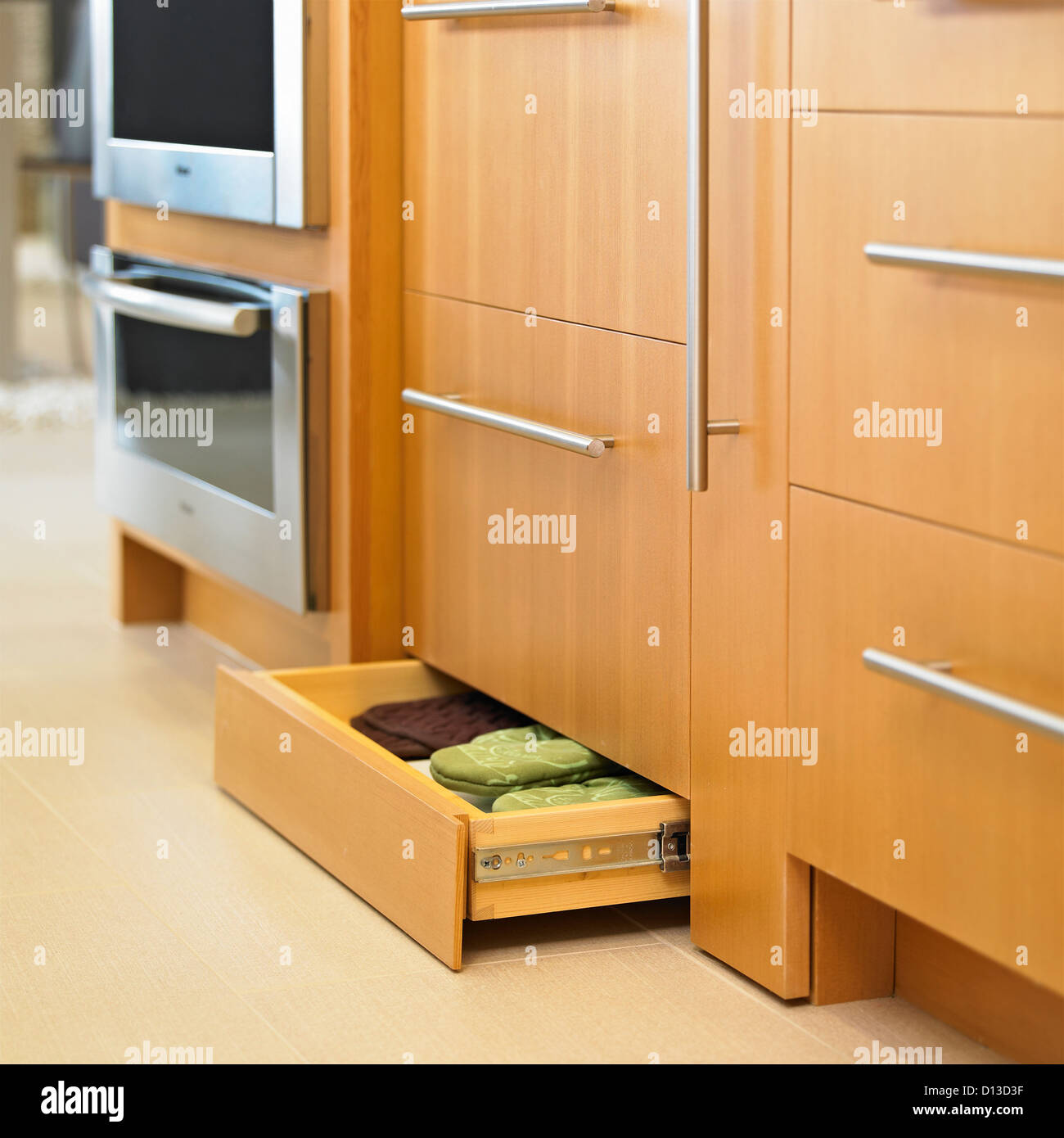 Modern Kitchen Drawer With Oven Mitts In It; Victoria Vancouver Island