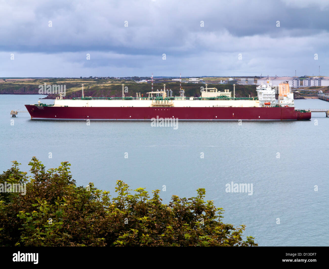 Qatargas LNG transport ship Rasheeda berthed at Milford Haven Wales UK used to transport liquid gas from Qatar launched 2010 Stock Photo