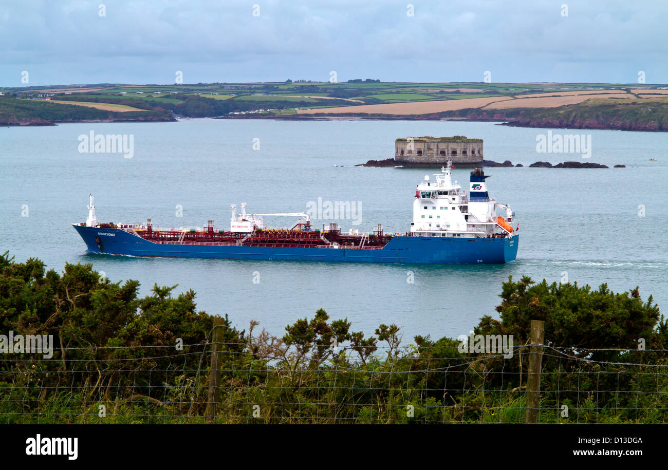 Bro Designer tanker ship sailing from Milford Haven Pembrokeshire South Wales a Danish vessel built in China launched in 2006 Stock Photo