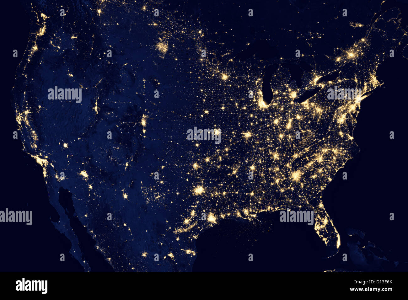 Composite image of the United States of America at night as seen from the Suomi NPP satellite orbiting earth from April and October 2012. The new data was mapped over existing Blue Marble imagery of Earth to provide a realistic view of the planet. The nighttime view was made possible by the new satelliteÕs day-night band of the Visible Infrared Imaging Radiometer Suite. VIIRS detects light in a range of wavelengths from green to near-infrared and uses filtering techniques to observe dim signals such as city lights, gas flares, auroras, wildfires, and reflected moonlight. In this case, auroras, Stock Photo