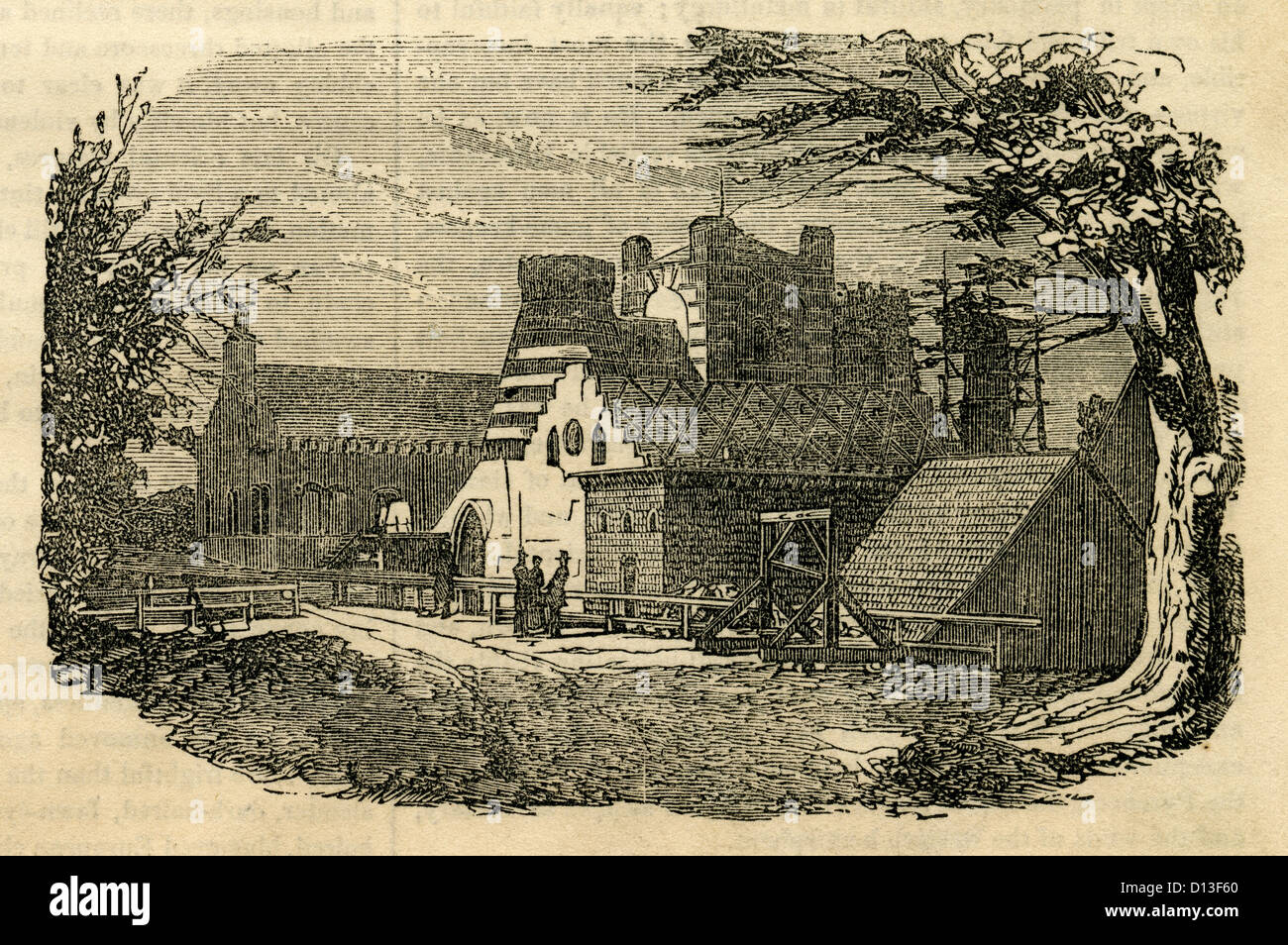 1854 engraving, Forge and Ironworks of the village of Kenla in the Park of Muskau. Stock Photo