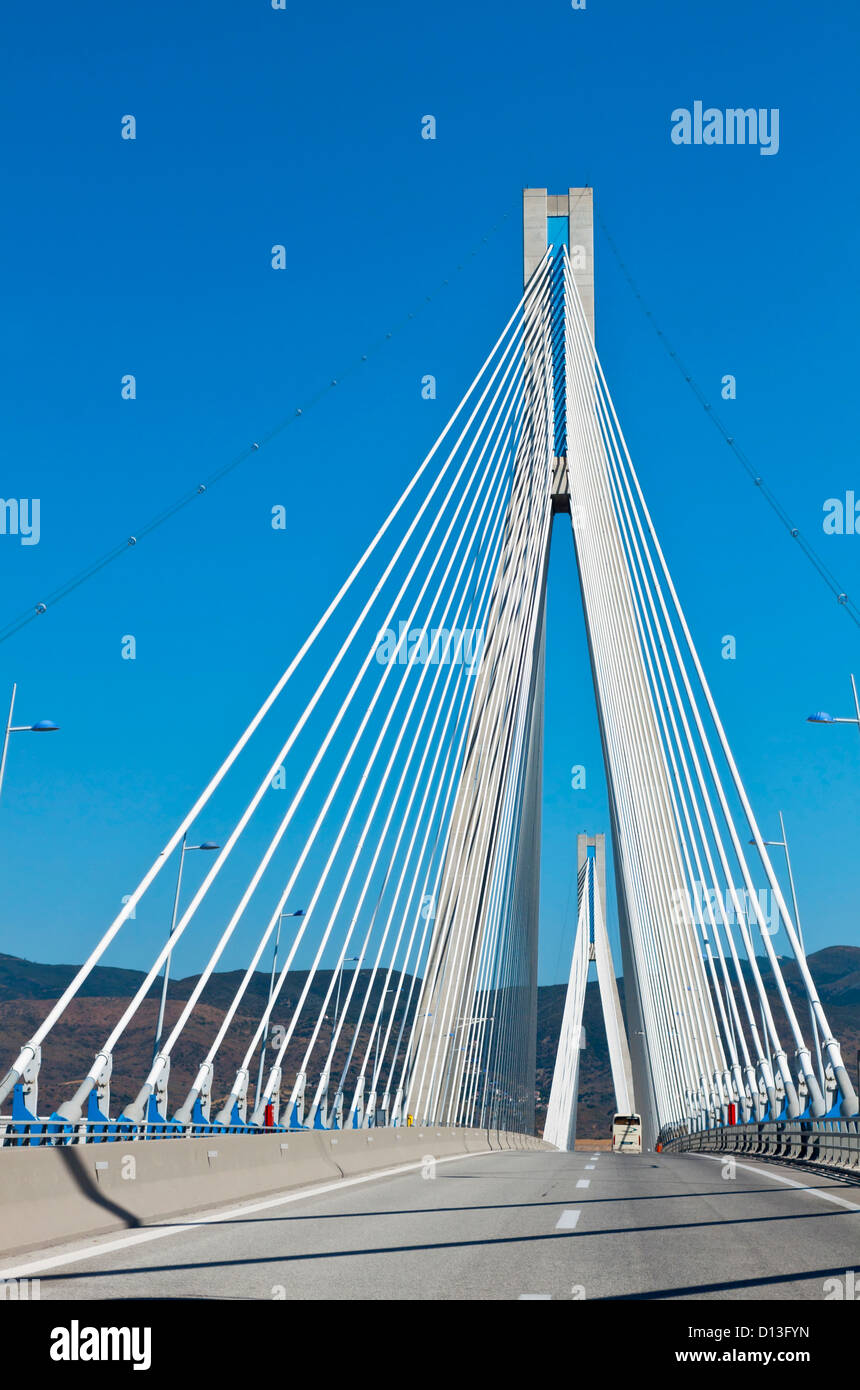 cable stayed bridge of Patras city in Greece. Also called Rio-Antirrio bridge. Stock Photo