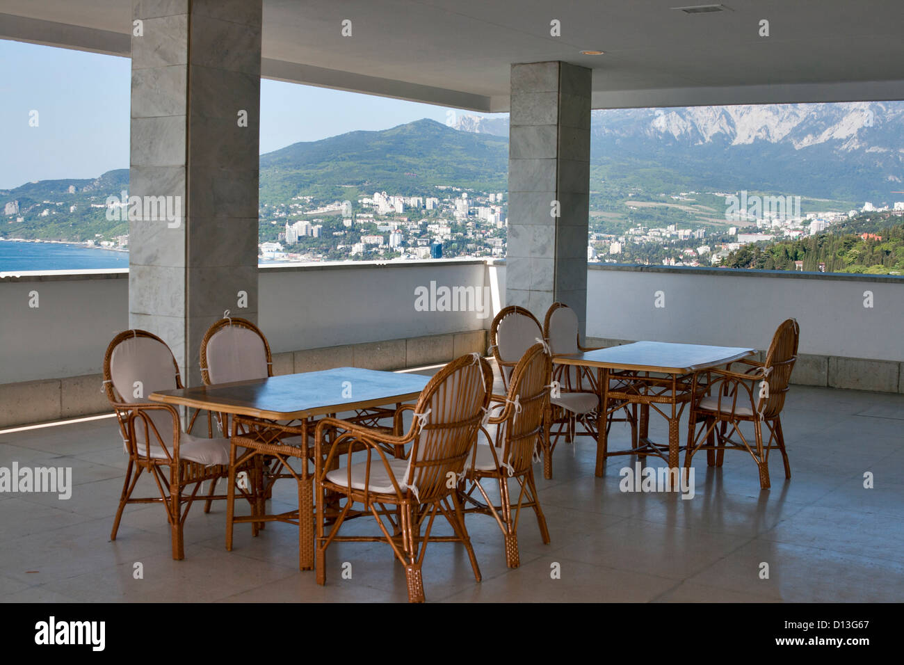 Cafe in hotel Yalta Intourist with Yalta view. Ukraine. Stock Photo
