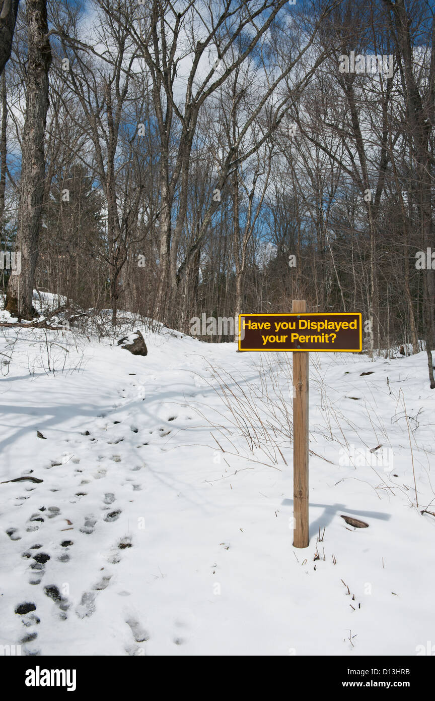 Parking Permit Reminder Sign At Entrance To Oxtongue River - Ragged Falls Provincial Park; Huntsville Ontario Canada Stock Photo