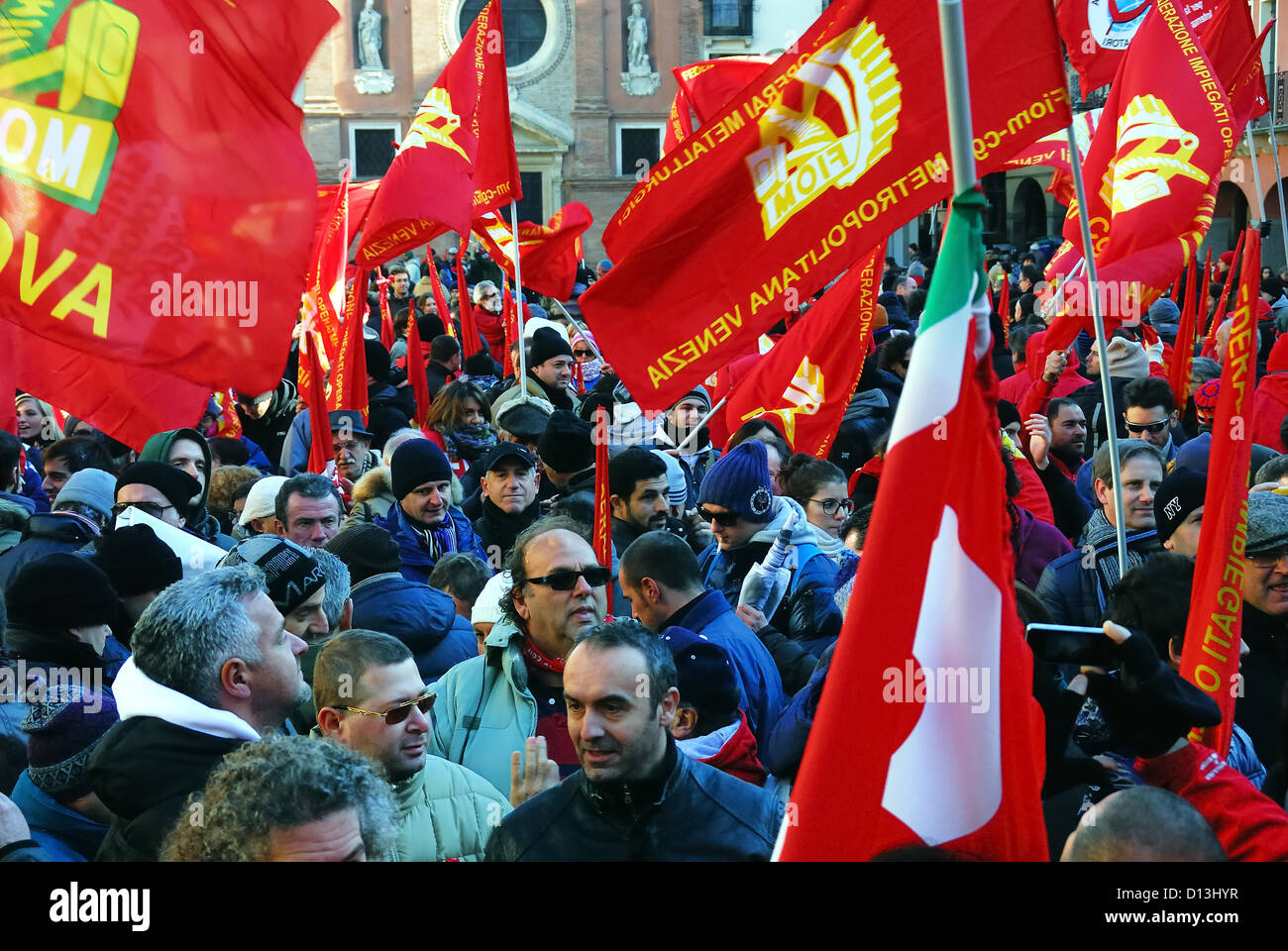 Italy, Padua, December 6, 2012 : twenty thousand FIOM-CGIL metalworkers and students  on  general strike against cuts of the Government Mario Monti. The strike was attended by the Secretary General FIOM Maurizio Landini. Stock Photo