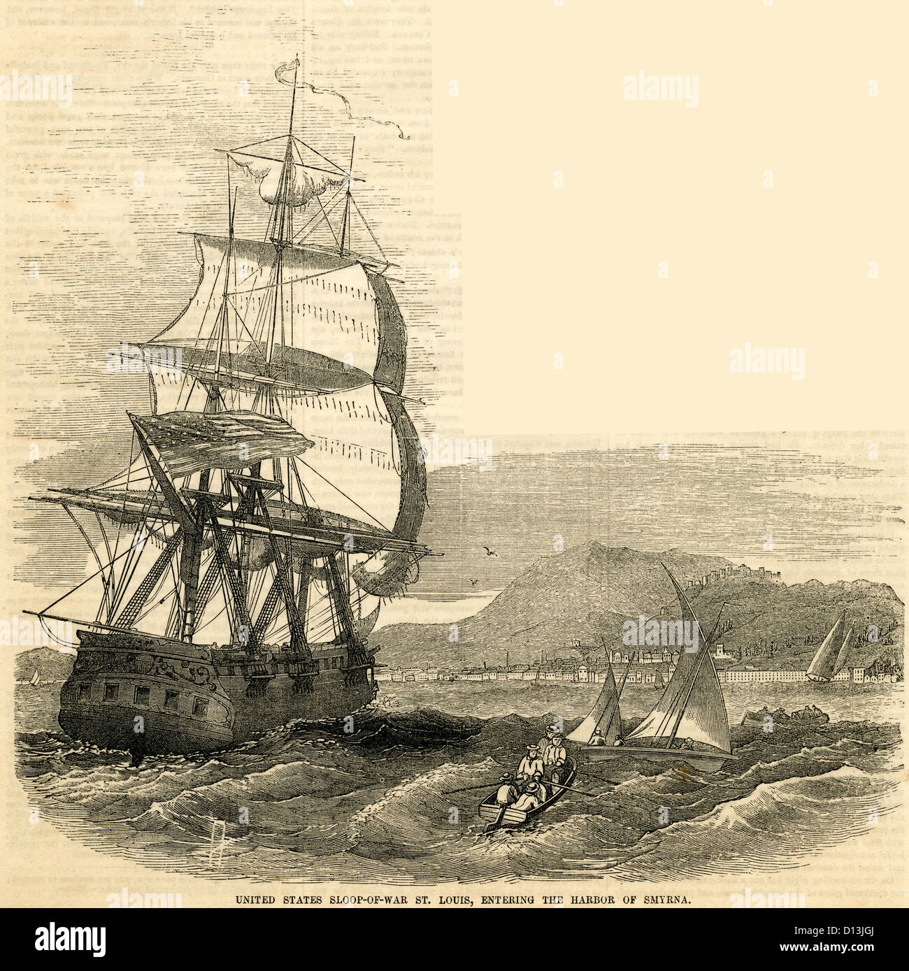 1854 engraving, United States Sloop-of-war St. Louis, Entering the Harbor of Smyrna (Turkey). Stock Photo