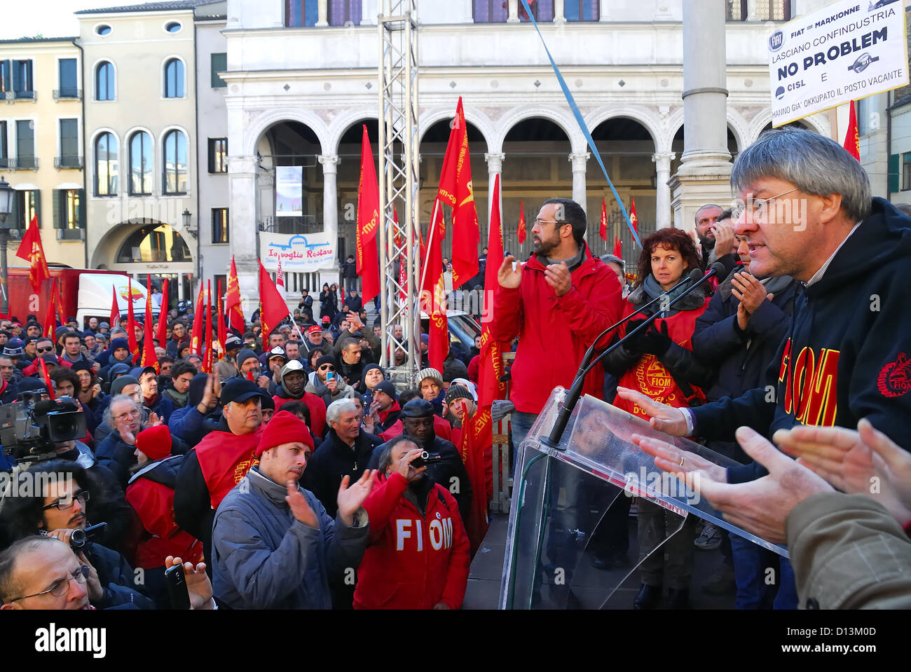 Italy, Padua, December 6th, 2012 : twenty thousand FIOM-CGIL metalworkers and students  on  general strike against cuts of the Government Mario Monti. The strike was attended by the Secretary General FIOM Maurizio Landini. Stock Photo