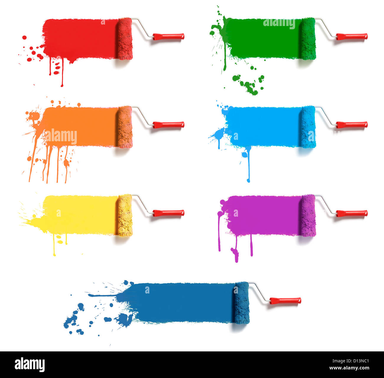 roller brushes with seven colors paint Stock Photo