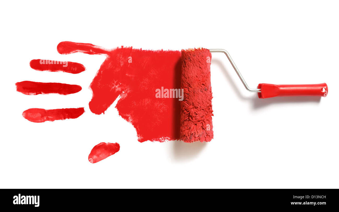 paint roller brush with red right handprint Stock Photo Alamy