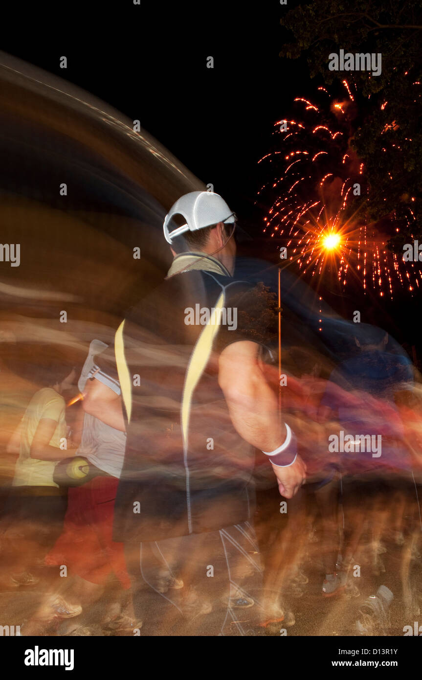 Hawaii, Oahu, Honolulu Marathon, Night Shot Of Race Start And Fireworks