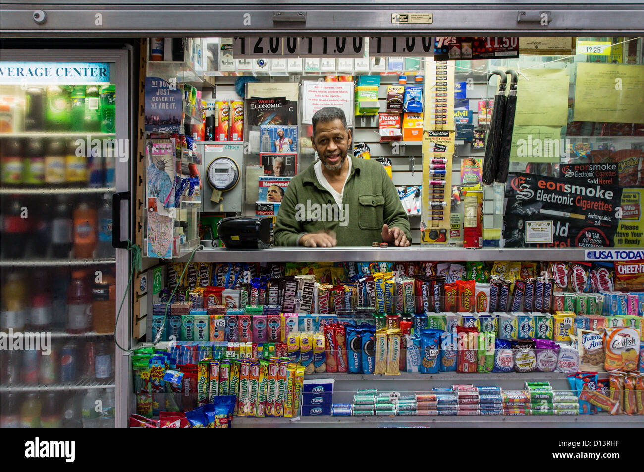 Afro American Man in Kiosk , Wall Street, Financial District, New York City Stock Photo